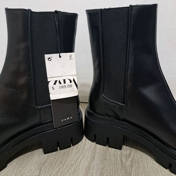 Zara Leather Square Toe Platform Chunky Streetwear Boot Size 37 - Black - Picture 14 of 15